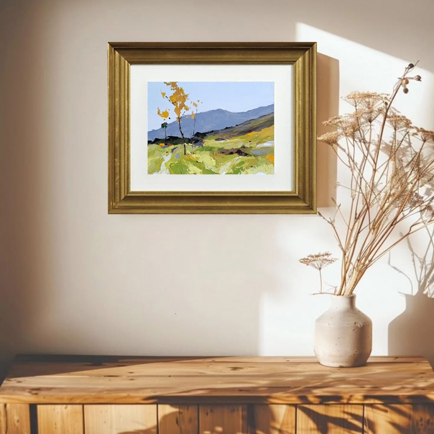 Small Original Oil Painting on Panel – Golden Trees in Spring Meadow – 5x7 Landscape Art by Tamara Westwood