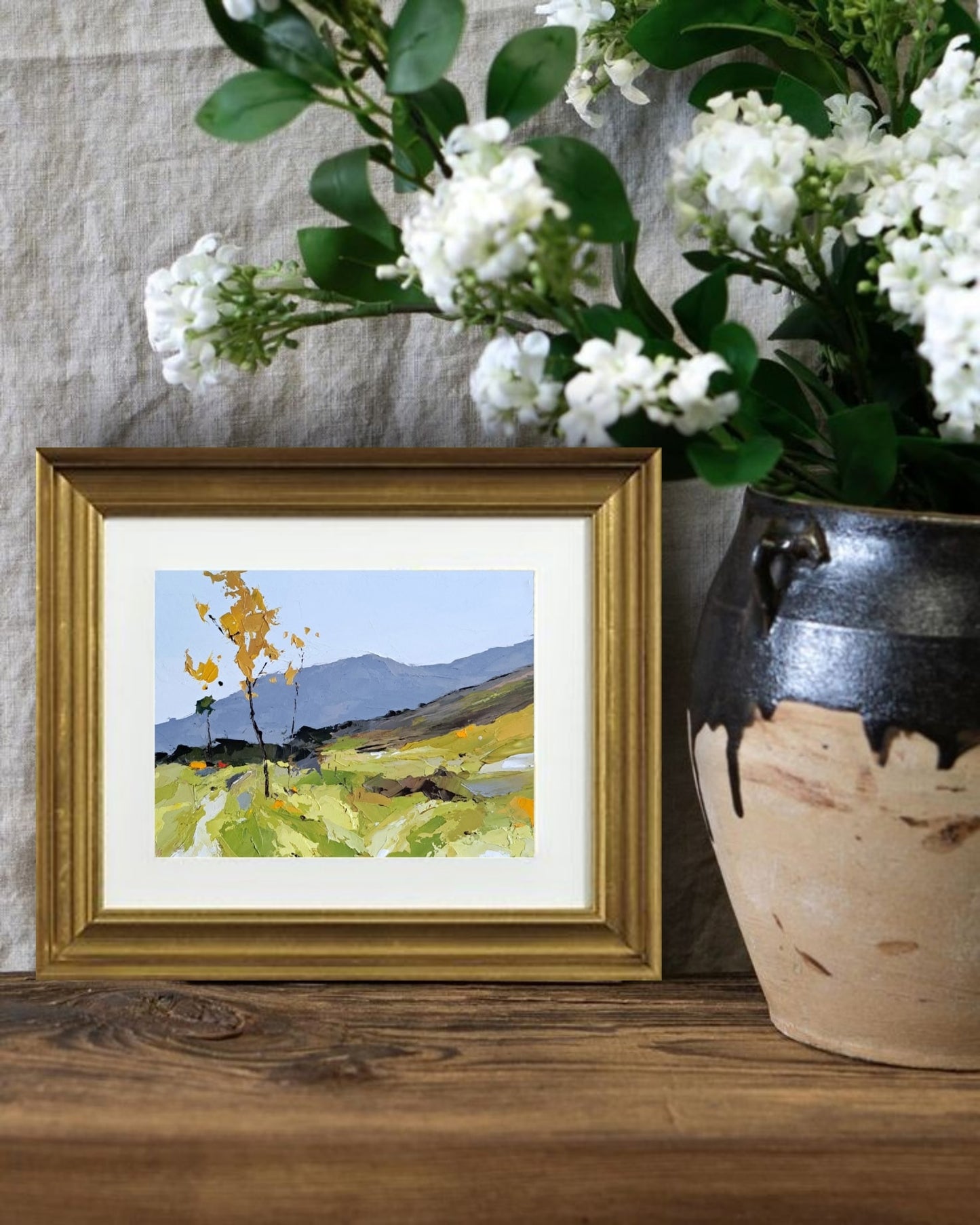 Small Original Oil Painting on Panel – Golden Trees in Spring Meadow – 5x7 Landscape Art by Tamara Westwood