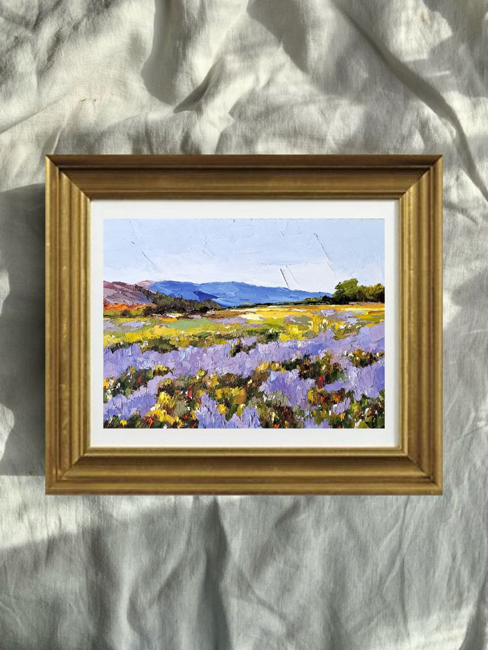 Original 5x7 oil painting of French country lavender fields in Provence, impressionist textured style