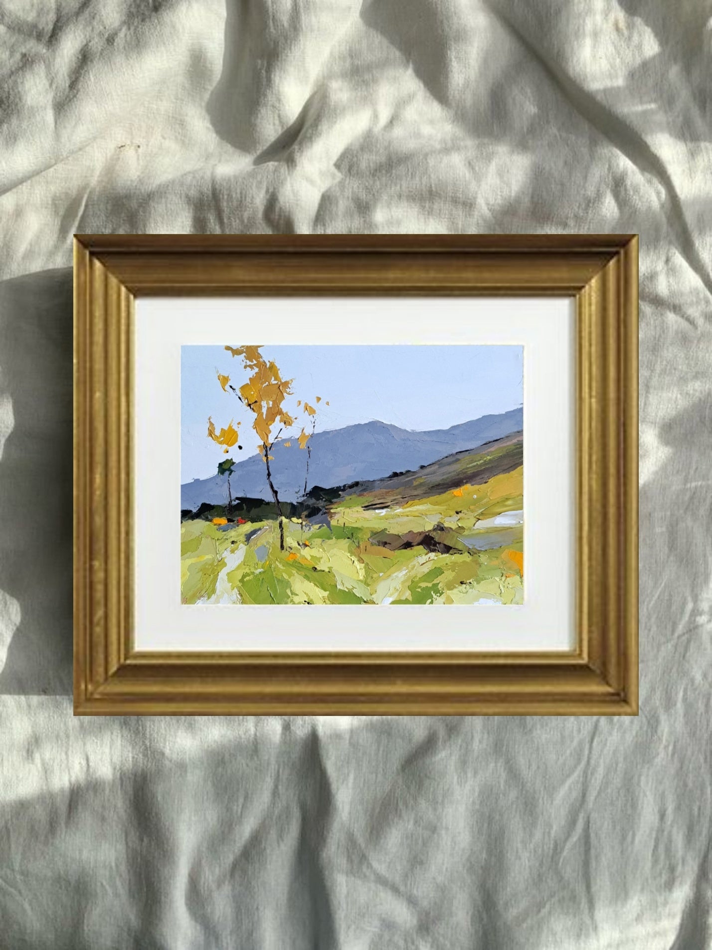 Small Original Oil Painting on Panel – Golden Trees in Spring Meadow – 5x7 Landscape Art by Tamara Westwood
