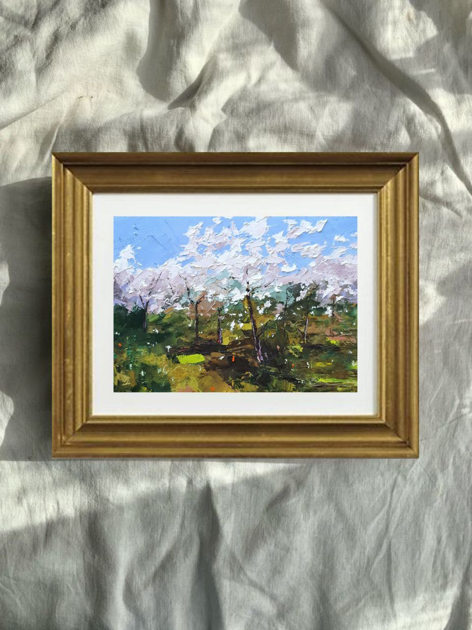 Original 5x7 oil painting of cherry blossom trees in spring by Tamara Westwood, textured impressionist style with palette knife