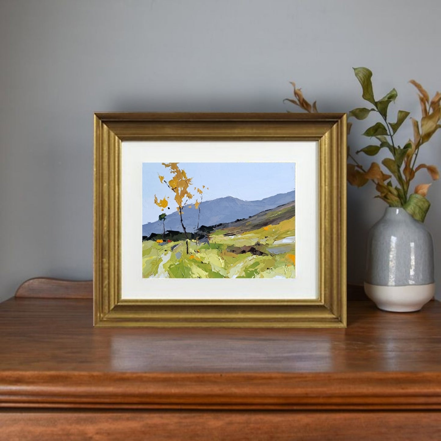 Small Original Oil Painting on Panel – Golden Trees in Spring Meadow – 5x7 Landscape Art by Tamara Westwood