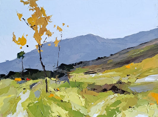 Small Original Oil Painting on Panel – Golden Trees in Spring Meadow – 5x7 Landscape Art by Tamara Westwood