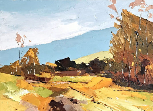 Autumn Landscape with Golden Fields Mini Original Oil Painting –  5x7 Fall Scene by Tamara Westwood
