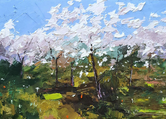 Cherry Blossom Landscape – Original 5x7 Oil Painting by Tamara Westwood